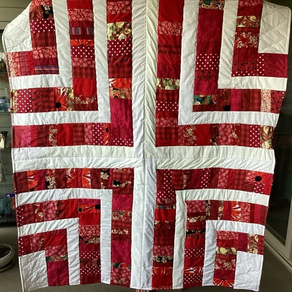 NWT. Hand Crafted “Strawberry Fields” Red and White Patchwork Quilt
